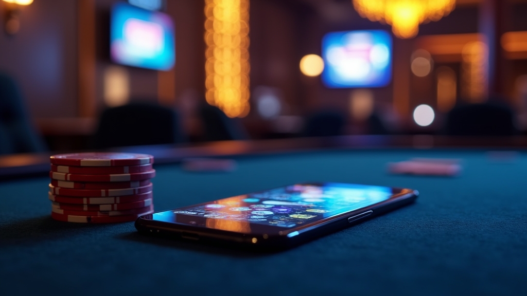 Leuchtendes Smartphone mit einer Casino-App-Oberfläche in einer dunklen Lounge