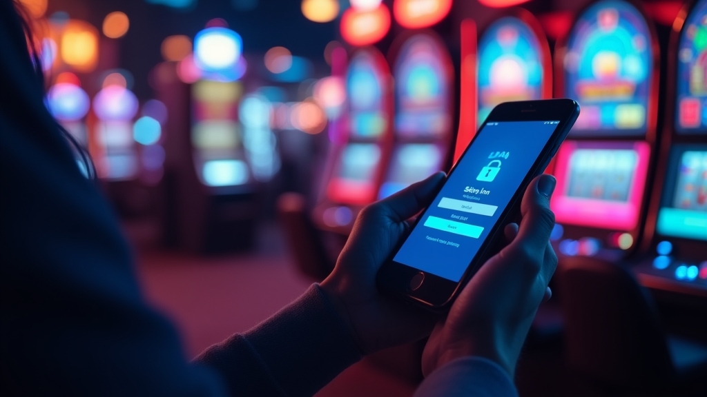 Person benutzt ein Smartphone zum Anmelden in einem dunklen Casino
