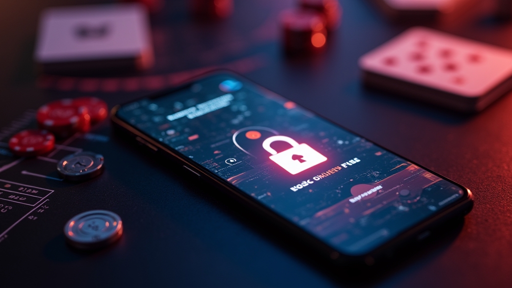 Android-Smartphone mit sicherem App-Download-Bildschirm in einer Casino-Umgebung